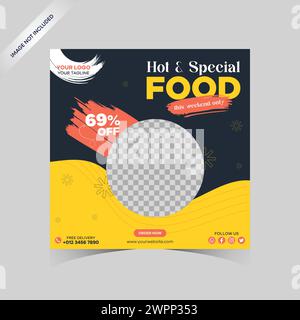 Modello di cibo per i social media. Modello di banner per social media per ristoranti per la promozione aziendale. Banner del menu gastronomico post sui social media Illustrazione Vettoriale