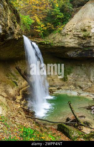 Germania, Baviera, Scheidegg, Scheidegg, Scheidegg, seconda cascata. Le cascate di Scheidegg sono nella lista dei geotopi più belli della Baviera. Foto Stock