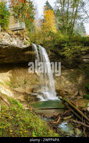 Germania, Baviera, Scheidegg, Scheidegg, Scheidegg, seconda cascata. Le cascate di Scheidegg sono nella lista dei geotopi più belli della Baviera. Foto Stock