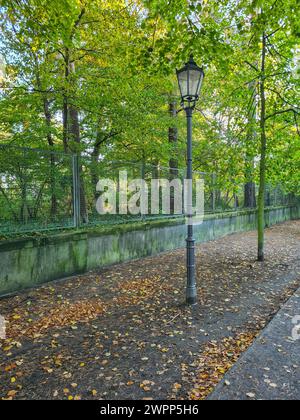 Un vecchio lampione su un marciapiede con foglie autunnali di fronte a un'area verde con recinzione, Wannsee, Berlino, Germania Foto Stock