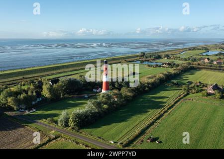 Faro sull'isola di Pellworm, Frisia settentrionale, Schleswig-Holstein, Germania Foto Stock