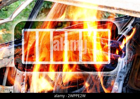 Incendio della batteria, illustrazione della batteria agli ioni di litio davanti a un'auto completamente bruciata Foto Stock