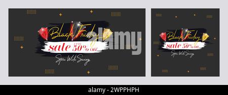 Banner Web con sconti per il Black Friday. Post super-vendita Black Friday. banner di sconti per grandi promozioni. Modello di design per banner di vendita Black Friday Illustrazione Vettoriale
