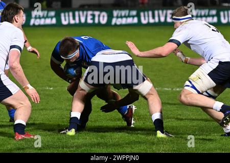 Treviso, Italia. 8 marzo 2024. Action game durante la partita del Campionato sei Nazioni Under 20 tra Italia U20 e Scozia U20 l'8 marzo allo Stadio Monigo di Treviso, Italia durante la partita U20 sei Nazioni - Italia contro Scozia, Rugby sei Nazioni a Treviso, Italia, 08 marzo 2024 Credit: Independent Photo Agency/Alamy Live News Foto Stock