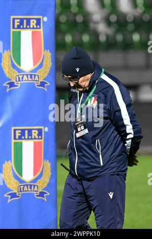 Treviso, Italia. 8 marzo 2024. Brunello allenatore di Itali U20 durante la partita sei Nazioni U20 - Italia contro Scozia, Rugby sei Nazioni a Treviso, Italia, 08 marzo 2024 credito: Agenzia fotografica indipendente/Alamy Live News Foto Stock