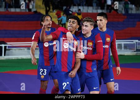 Barcellona, Spagna. 8 marzo 2024. Lamine Yamal festeggia dopo aver segnato un gol durante la partita LaLiga EA Sports tra FC Barcelona e RCD Mallorca Foto Stock