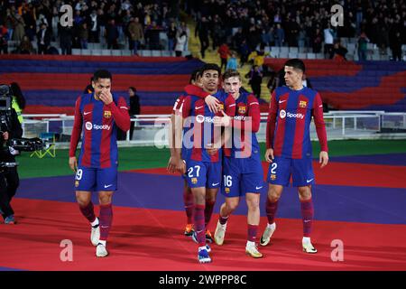 Barcellona, Spagna. 8 marzo 2024. Lamine Yamal festeggia dopo aver segnato un gol durante la partita LaLiga EA Sports tra FC Barcelona e RCD Mallorca Foto Stock