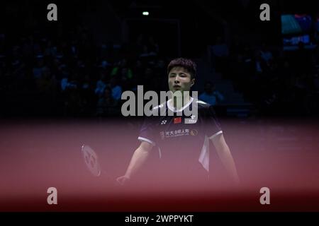 Parigi, Francia. 8 marzo 2024. Shi Yuqi reagisce durante il match dei quarti di finale maschile tra Shi Yuqi e Lu Guangzu della Cina al torneo French Open Badminton di Parigi, in Francia, 8 marzo 2024. Crediti: Aurelien Morissard/Xinhua/Alamy Live News Foto Stock