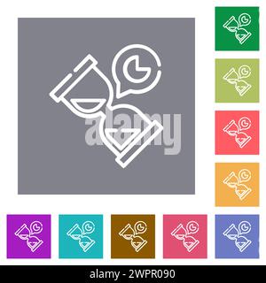 Il timer a clessidra delinea le icone piatte su semplici sfondi quadrati colorati Illustrazione Vettoriale