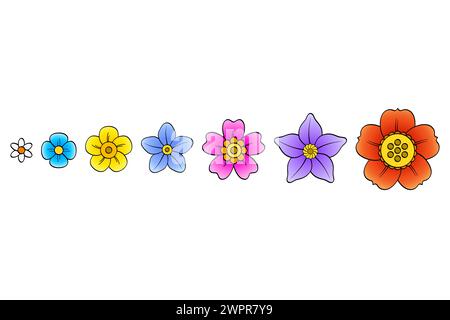 Un gruppo di colorate fantasie fioriscono di fila. Set di sette fiori di tipo diverso e in colori brillanti. Illustrazione isolata su sfondo bianco. Foto Stock