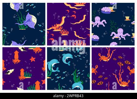 Set decorativo con animali subacquei Illustrazione Vettoriale