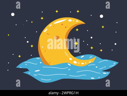 Illustrazione a cartoni animati di una luna crescente che galleggia sopra il mare, circondata da stelle scintillanti. grafica vettoriale serena bellezza notte al chiaro di luna, con il c Illustrazione Vettoriale