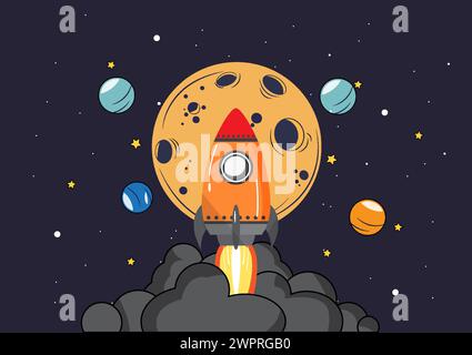 Illustrazione vettoriale di un razzo che si lancia da una rampa di lancio, che sale verso la luna, circonda pianeti. eccitazione dell'esplorazione spaziale, Illustrazione Vettoriale