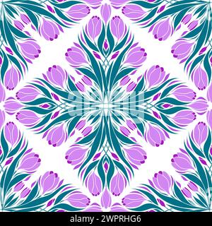 Schema caleidoscopio vettoriale senza cuciture con iride. Superficie in stile Art Nouveau con crocchi decorativi su sfondo bianco. Texture floreale primaverile Illustrazione Vettoriale