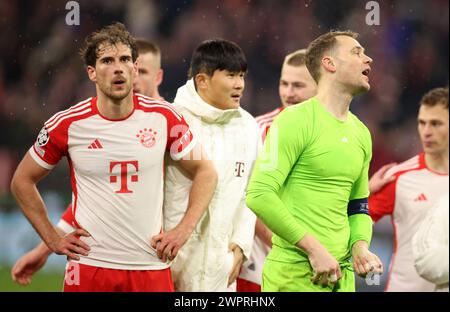 Leon Goretzka del Bayern Muenchen Manuel Neuer del Bayern Muenchen MONACO DI BAVIERA, GERMANIA - 05 MARZO: UEFA Champions League 2023/24 round of 16 andata partita tra FC Bayern MŸnchen e SS Lazio all'Allianz Arena il 5 marzo 2024 a Monaco © diebilderwelt / Alamy Stock Foto Stock