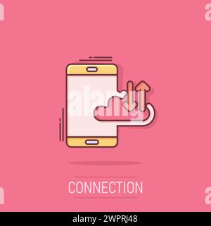 Smartphone con icona cloud in stile fumetto. Illustrazione vettoriale cartone animato di archiviazione della rete telefonica su sfondo isolato. Busin effetto splash backup online Illustrazione Vettoriale