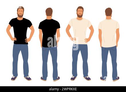Tshirt casual da uomo con motivo mockup sul davanti e sul retro. Illustrazione Vettoriale