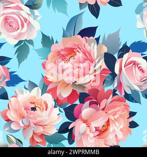 Rose e peonie con foglie senza cuciture motivo reversibile.sfondo astratto del fiore vettoriale disegnato a mano. Abiti in tessuto stampa decorativa vintage. Illustrazione Vettoriale