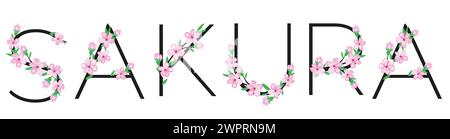 Ramo di fiori di ciliegio rosa Sakura, isolare su sfondo bianco per tessere nuziali, invitare, tessuto design, album, origami. Stile Vector japan Illustrazione Vettoriale