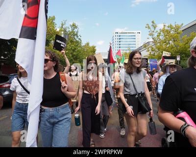 Australia, Canberra, 9 marzo 2024. Per il ventiduesimo fine settimana consecutivo Canberrans si dimostra solidale con la Palestina e chiede la fine della guerra genocida di Israele a Gaza. Foto Stock