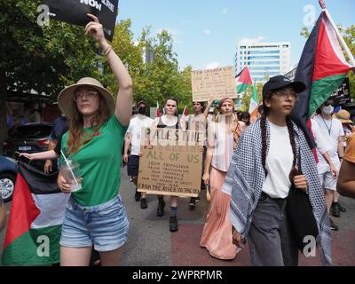 Australia, Canberra, 9 marzo 2024. Per il ventiduesimo fine settimana consecutivo Canberrans si dimostra solidale con la Palestina e chiede la fine della guerra genocida di Israele a Gaza. Foto Stock