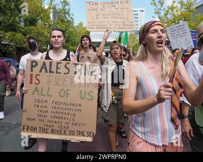 Australia, Canberra, 9 marzo 2024. Per il ventiduesimo fine settimana consecutivo Canberrans si dimostra solidale con la Palestina e chiede la fine della guerra genocida di Israele a Gaza. Foto Stock