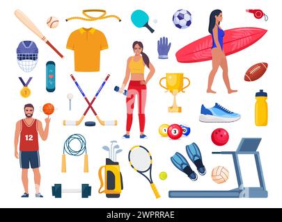 Attrezzatura sportiva e set sportivo. Vari tipi di attività sportive. Allenamento di forza, ciclismo, yoga, basket, immersioni, surf. Illustrazione vettoriale Illustrazione Vettoriale