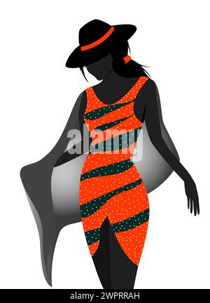 Silhouette femminile nera. Una donna con un vestito arancione e un cappello sulla testa. Illustrazione Vettoriale