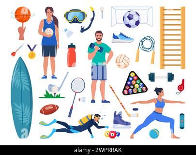 Attrezzatura sportiva e set sportivo. Vari tipi di attività sportive. Allenamento di forza, ciclismo, yoga, basket, immersioni, surf. Illustrazione vettoriale Illustrazione Vettoriale