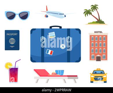 Turismo d'avventura, viaggi all'estero, vacanze estive viaggio elementi di design decorativi. Set di icone di viaggio. Trasporto, hotel, bagagli, aeroporto. cocktail, Illustrazione Vettoriale