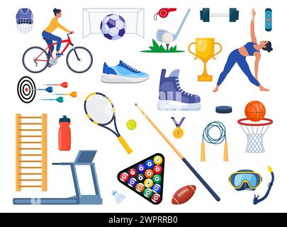 Attrezzatura sportiva e set sportivo. Vari tipi di attività sportive. Allenamento di forza, ciclismo, yoga, basket, immersioni, surf. Illustrazione vettoriale Illustrazione Vettoriale