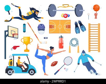 Attrezzatura sportiva e set sportivo. Vari tipi di attività sportive. Allenamento di forza, ciclismo, yoga, basket, immersioni, surf. Illustrazione vettoriale Illustrazione Vettoriale