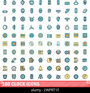 100 icone dell'orologio impostate. Set di linee colorate di icone vettoriali dell'orologio linea sottile colore piatto su bianco Illustrazione Vettoriale