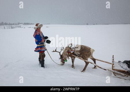 Donna in tradizionale costume Saami con slitta trainata da renne nel paesaggio artico vicino a Tromso, nel nord della Norvegia. Foto Stock