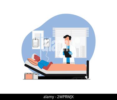 Paziente sdraiato in letto d'ospedale e medico esaminante paziente. Illustrazione vettoriale in stile piatto Illustrazione Vettoriale