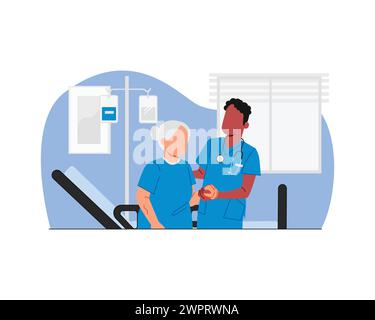 Un medico maschio che aiuta una donna paziente anziano in un corridoio di ospedale stile piatto carattere disegno di illustrazione vettoriale Illustrazione Vettoriale