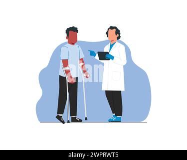 L'infermiera controlla un paziente maschio in stampelle. Illustrazione vettoriale piatta. Illustrazione Vettoriale