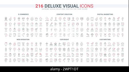 E-commerce, strategia di sviluppo del marketing, set di icone per la creazione di contenuti per siti Web. ordina in negozio online e consegna, video e protezione legale dei dati, illustrazione vettoriale con simboli neri e rossi sottili Illustrazione Vettoriale