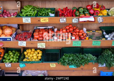 Frutta e verdura fresche in vendita all'esterno di un supermercato indipendente. Foto Stock