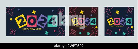 Felice anno nuovo 2024 con un design colorato minimalista e alla moda. Modello quadrato per l'anno nuovo 2024. Design di sfondo di saluto, contenuti promozionali per l'anno nuovo Illustrazione Vettoriale