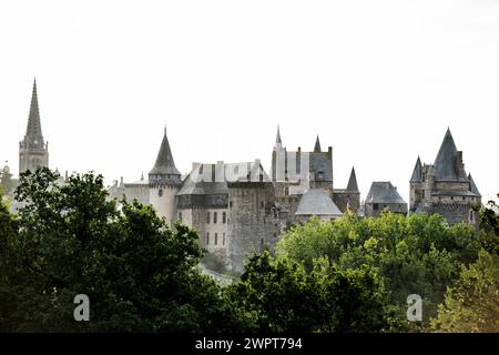 Vista sulla città e sul castello, Vitre, Bretagna, Francia Foto Stock