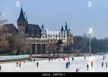 Pista di pattinaggio sul ghiaccio di fronte al castello, pattinaggio, attrazione, ghiaccio, inverno, sport invernali, tempo libero, svago, centro, centro, architettura, storia Foto Stock