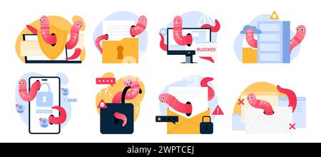 Hacker malware di rete dannoso per furto di informazioni riservate e fuga di dati. I worm attaccano i documenti digitali e le e-mail, accedono all'account sul telefono o sullo schermo del laptop, illustrazioni vettoriali dei cartoni animati Illustrazione Vettoriale