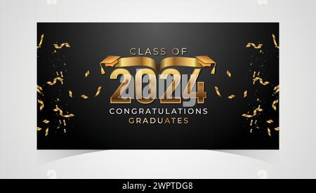 Classe 2024 Congratulazioni laureati. Cappellino accademico e cerimonia di laurea per diplomi. Modello vettoriale per banner per la classe senior dell'anno universitario 2024 Illustrazione Vettoriale