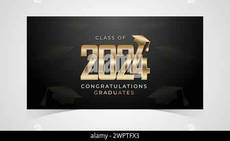 Classe 2024 Congratulazioni laureati. Cappellino accademico e cerimonia di laurea per diplomi. Modello vettoriale per banner per la classe senior dell'anno universitario 2024 Illustrazione Vettoriale