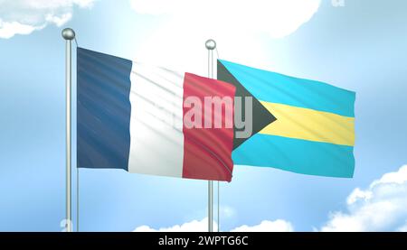 Bandiera 3D di Francia e Bahamas sul cielo blu con sole splendente Foto Stock