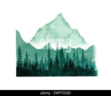 Illustrazione dell'acquerello disegnato a mano di Foggy Landscape. Montagne di Foggy e sagoma di alberi. Foto Stock