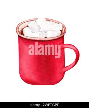 Cacao acquerello con marshmallow in una tazza rossa. Illustrazione disegnata a mano isolata su bianco Foto Stock