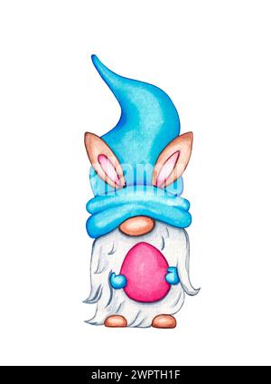 Acquerello Easter Gnome con le orecchie conigliette tiene l'uovo. Illustrazione ad acquerello disegnata a mano isolata su sfondo bianco, per le vacanze di Pasqua. Foto Stock