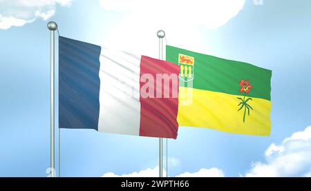 3D Flag of France e Saskatchewan su Blue Sky con Sun Shine Foto Stock